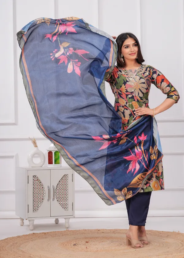 Navy_Blue_Chinon_V_Neck_3/4Th_Sleeves_Floral_Embroidered_Printed_Straight_Kurta,_Pant_Set_With_Dupatta