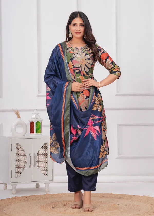 Navy_Blue_Chinon_V_Neck_3/4Th_Sleeves_Floral_Embroidered_Printed_Straight_Kurta,_Pant_Set_With_Dupatta