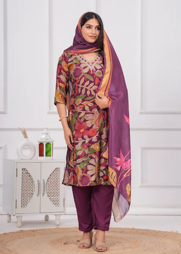 Wine_Chinon_V_Neck_3/4Th_Sleeves_Digital_Printed_Straight_Kurta,_Pant_Set_With_Dupatta_new