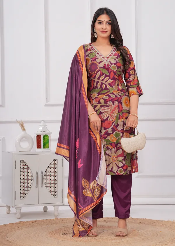 Wine_Chinon_V_Neck_3/4Th_Sleeves_Digital_Printed_Straight_Kurta,_Pant_Set_With_Dupatta_new