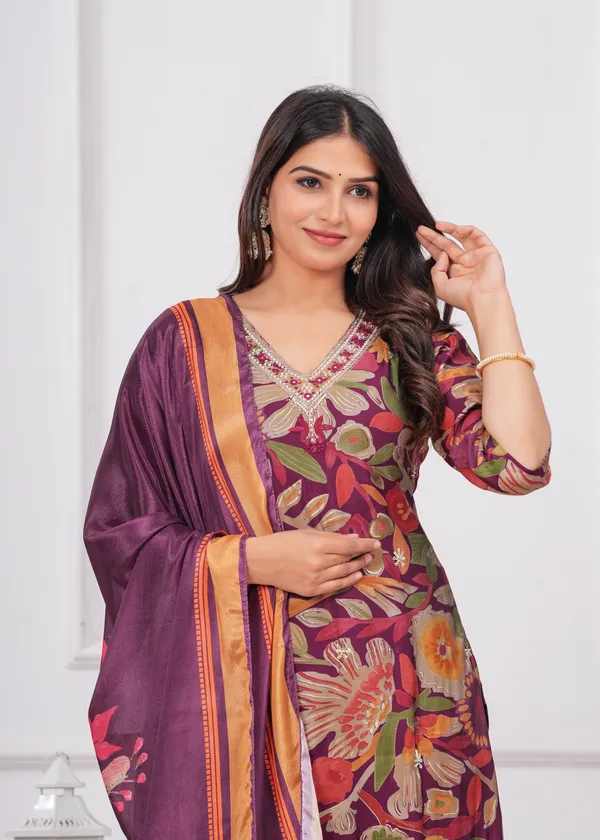 Wine_Chinon_V_Neck_3/4Th_Sleeves_Digital_Printed_Straight_Kurta,_Pant_Set_With_Dupatta_new