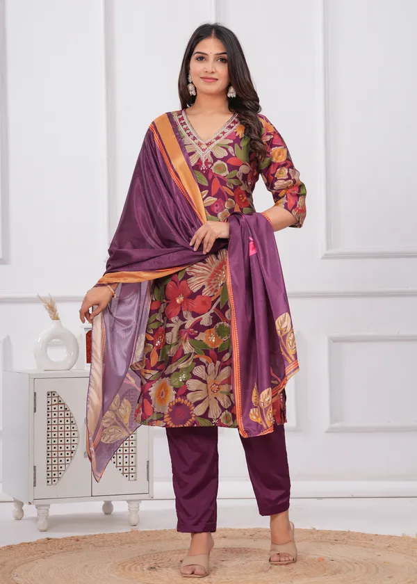 Wine_Chinon_V_Neck_3/4Th_Sleeves_Digital_Printed_Straight_Kurta,_Pant_Set_With_Dupatta_new