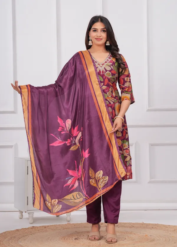 Wine_Chinon_V_Neck_3/4Th_Sleeves_Digital_Printed_Straight_Kurta,_Pant_Set_With_Dupatta_new