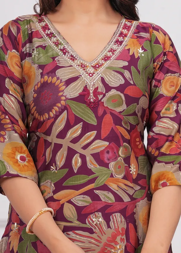Wine_Chinon_V_Neck_3/4Th_Sleeves_Digital_Printed_Straight_Kurta,_Pant_Set_With_Dupatta_new