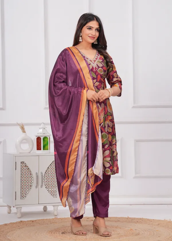 Wine_Chinon_V_Neck_3/4Th_Sleeves_Digital_Printed_Straight_Kurta,_Pant_Set_With_Dupatta_new