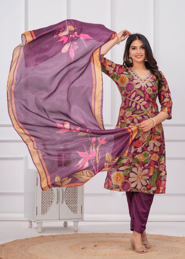 Wine_Chinon_V_Neck_3/4Th_Sleeves_Digital_Printed_Straight_Kurta,_Pant_Set_With_Dupatta_new
