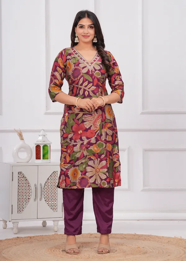 Wine_Chinon_V_Neck_3/4Th_Sleeves_Digital_Printed_Straight_Kurta,_Pant_Set_With_Dupatta_new