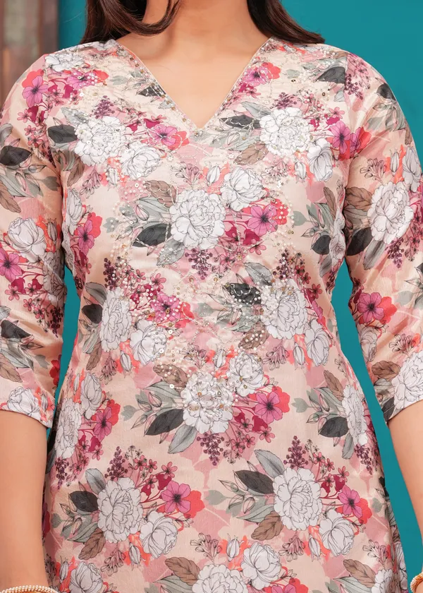 Cream_Chinon_V_Neck_3/4Th_Sleeves_Floral_Straight_Kurta,_Pant_Set_With_Embroidered_Detailing_Dupatta