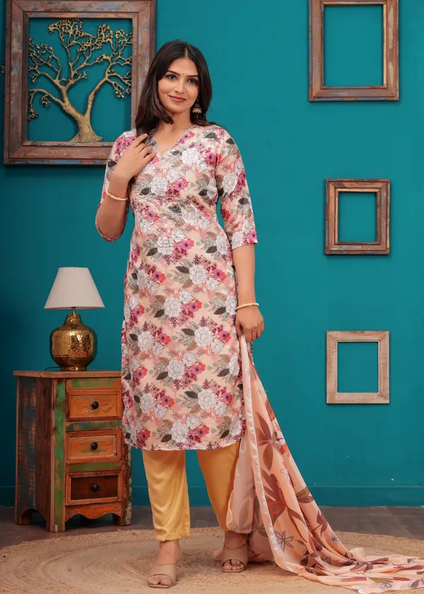 Cream_Chinon_V_Neck_3/4Th_Sleeves_Floral_Straight_Kurta,_Pant_Set_With_Embroidered_Detailing_Dupatta