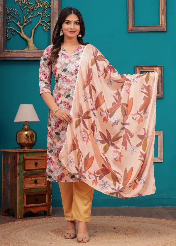Cream_Chinon_V_Neck_3/4Th_Sleeves_Floral_Straight_Kurta,_Pant_Set_With_Embroidered_Detailing_Dupatta