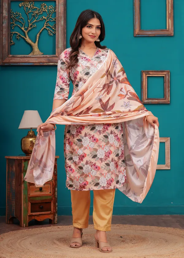 Cream_Chinon_V_Neck_3/4Th_Sleeves_Floral_Straight_Kurta,_Pant_Set_With_Embroidered_Detailing_Dupatta