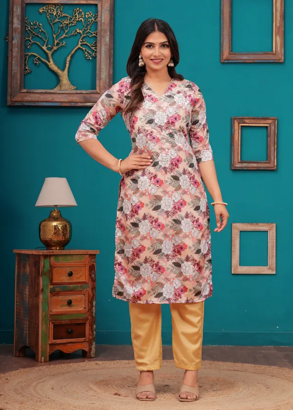Cream_Chinon_V_Neck_3/4Th_Sleeves_Floral_Straight_Kurta,_Pant_Set_With_Embroidered_Detailing_Dupatta