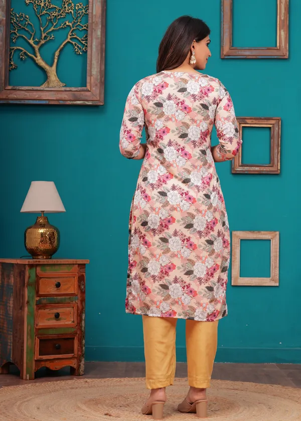 Cream_Chinon_V_Neck_3/4Th_Sleeves_Floral_Straight_Kurta,_Pant_Set_With_Embroidered_Detailing_Dupatta