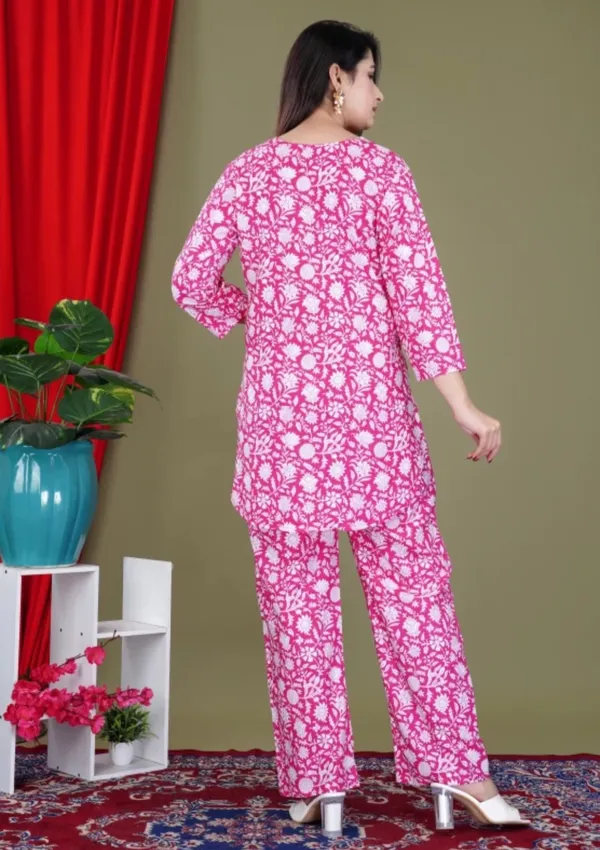 Pink_Rayon_Round_Collar_3/4Th_Sleeves_Floral_Printed_Top_&_Pant_Co-Ord_Set