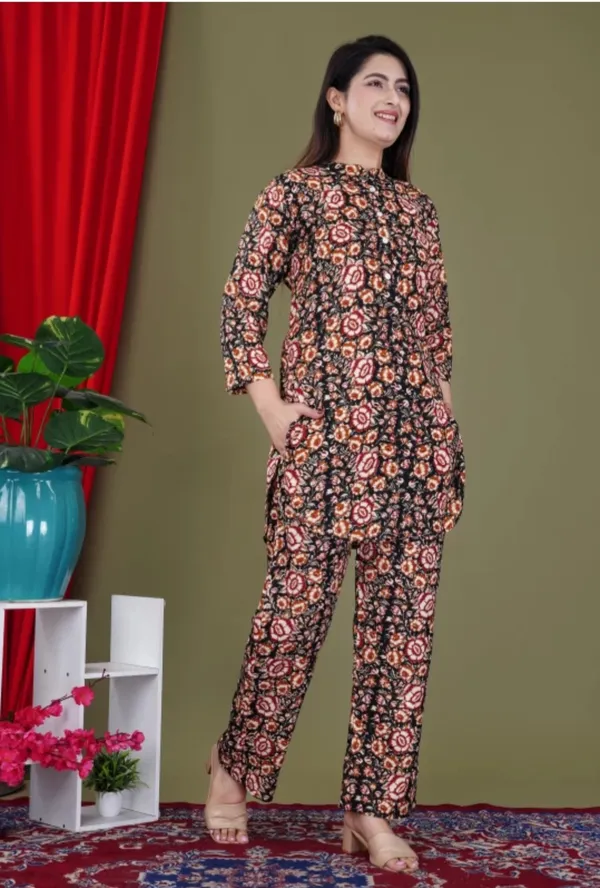 Maroon_Rayon_Mandarin_Collar_3/4Th_Sleeves_Floral_Printed_Top_&_Pant_Co-Ord_Set