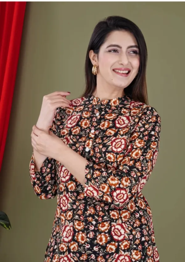 Maroon_Rayon_Mandarin_Collar_3/4Th_Sleeves_Floral_Printed_Top_&_Pant_Co-Ord_Set