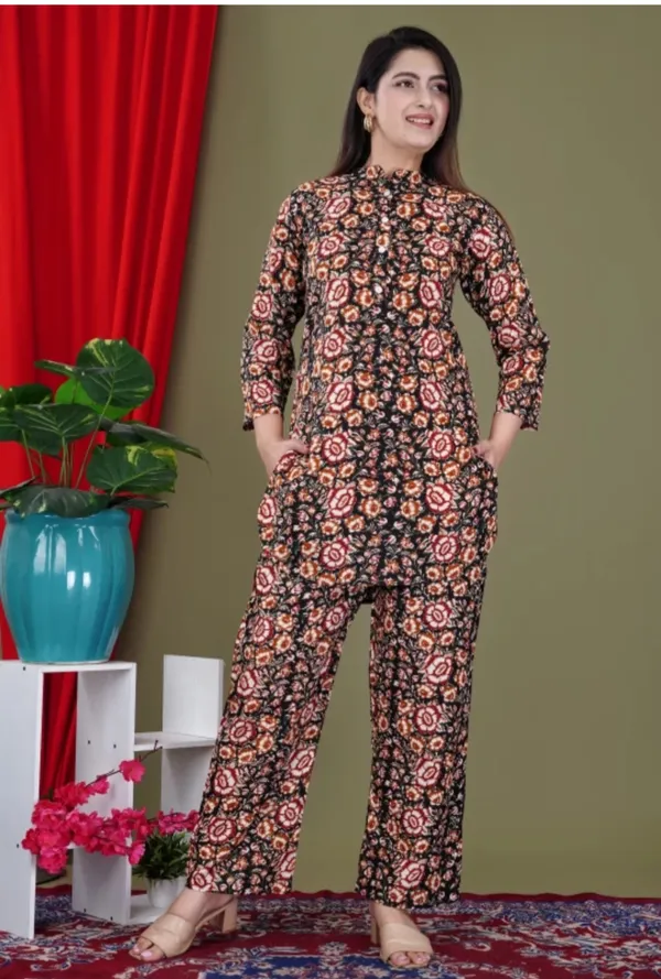 Maroon_Rayon_Mandarin_Collar_3/4Th_Sleeves_Floral_Printed_Top_&_Pant_Co-Ord_Set