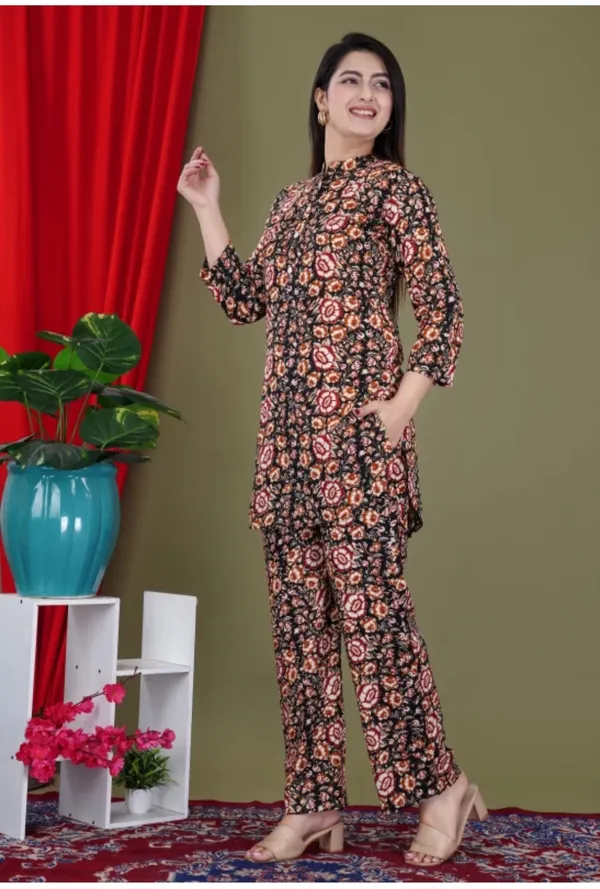 Maroon_Rayon_Mandarin_Collar_3/4Th_Sleeves_Floral_Printed_Top_&_Pant_Co-Ord_Set