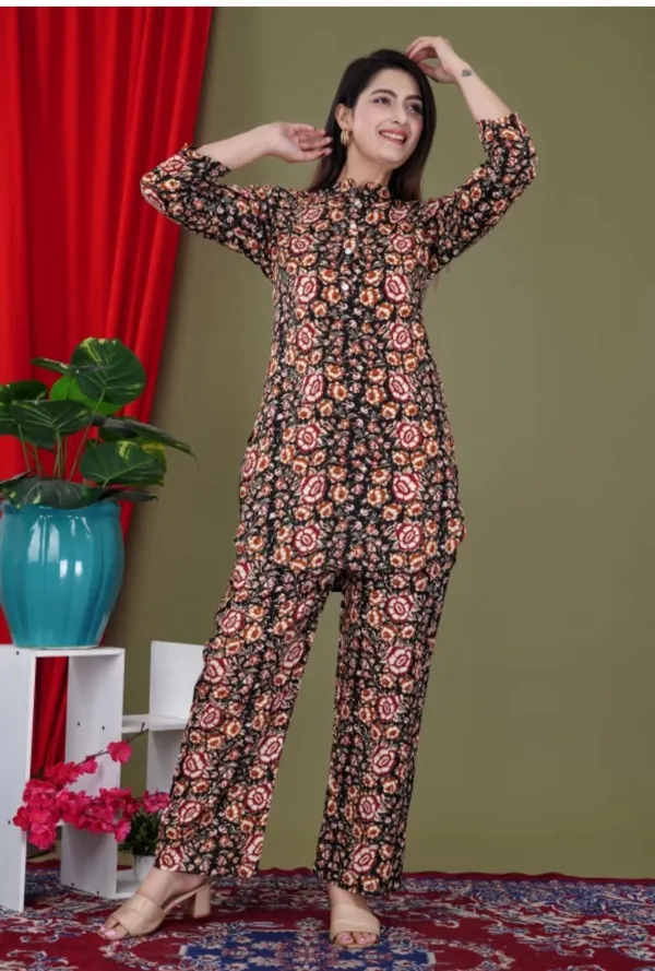 Maroon_Rayon_Mandarin_Collar_3/4Th_Sleeves_Floral_Printed_Top_&_Pant_Co-Ord_Set