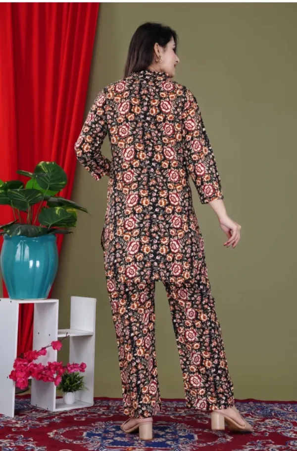 Maroon_Rayon_Mandarin_Collar_3/4Th_Sleeves_Floral_Printed_Top_&_Pant_Co-Ord_Set
