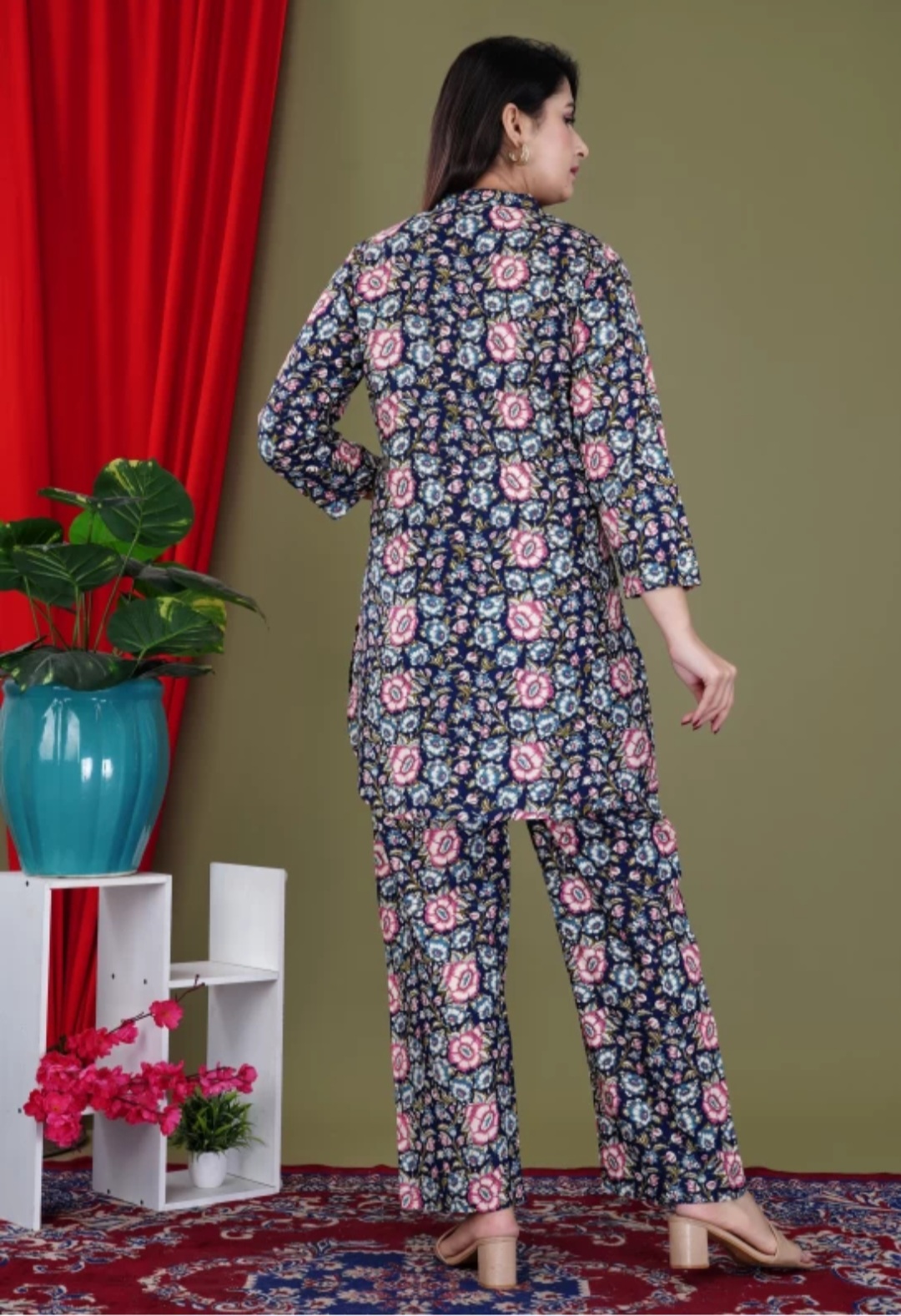 Multicolor_Rayon_Mandarin_Collar_3/4Th_Sleeves_Floral_Printed_Top_&_Pant_Co-Ord_Set