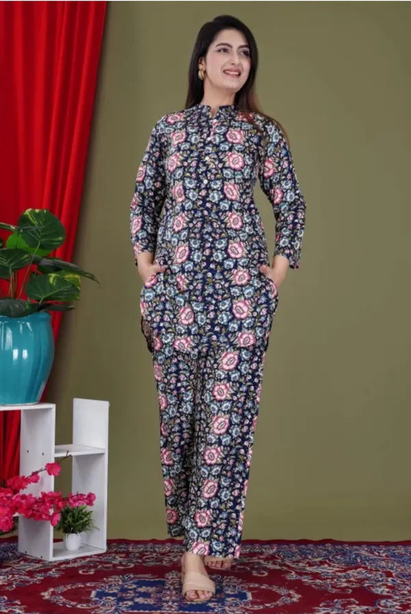 Multicolor_Rayon_Mandarin_Collar_3/4Th_Sleeves_Floral_Printed_Top_&_Pant_Co-Ord_Set