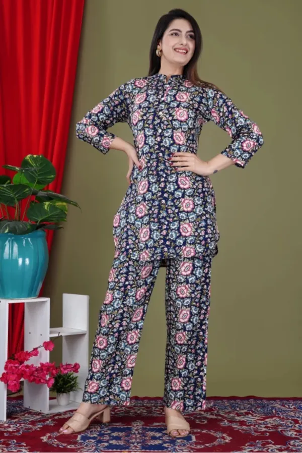 Multicolor_Rayon_Mandarin_Collar_3/4Th_Sleeves_Floral_Printed_Top_&_Pant_Co-Ord_Set