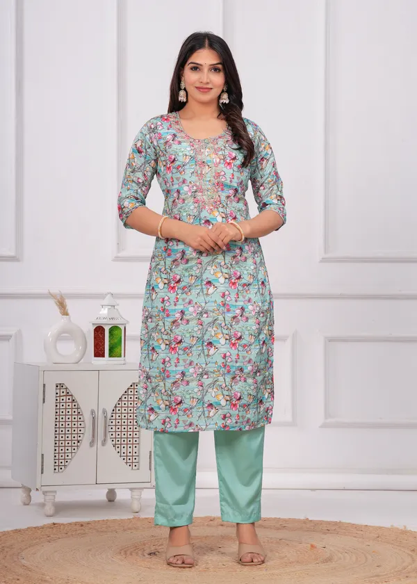 Light_Green_Chinon_V_Neck_3/4Th_Sleeves_Embroidered_Printed_Straight_Kurta,_Pant_Set_With_Dupatta