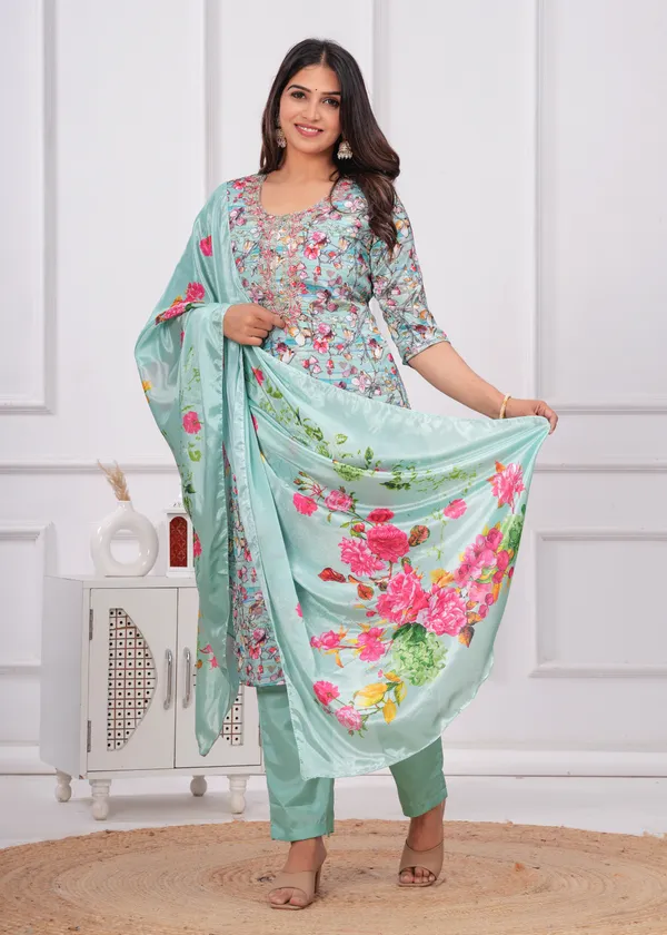 Light_Green_Chinon_V_Neck_3/4Th_Sleeves_Embroidered_Printed_Straight_Kurta,_Pant_Set_With_Dupatta