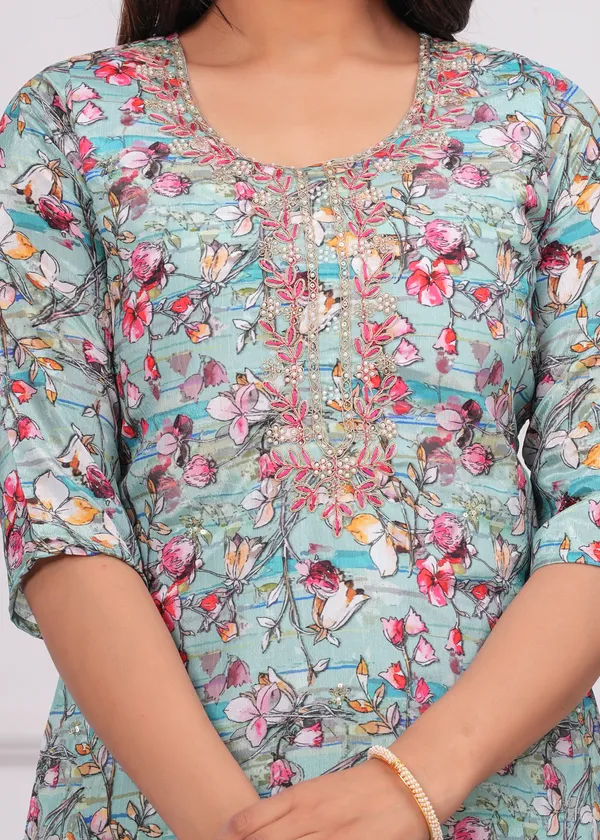 Light_Green_Chinon_V_Neck_3/4Th_Sleeves_Embroidered_Printed_Straight_Kurta,_Pant_Set_With_Dupatta