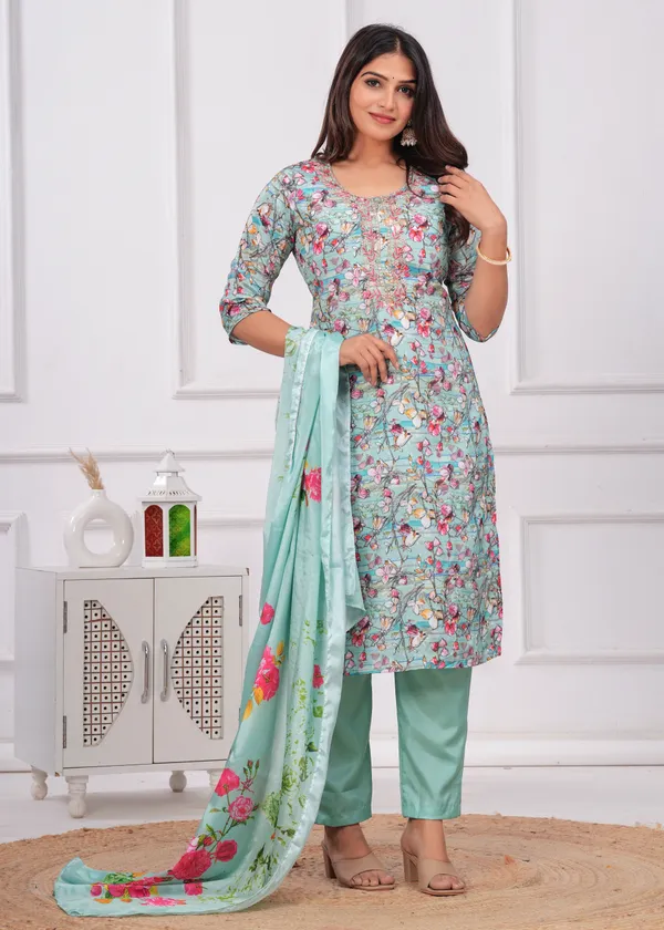 Light_Green_Chinon_V_Neck_3/4Th_Sleeves_Embroidered_Printed_Straight_Kurta,_Pant_Set_With_Dupatta