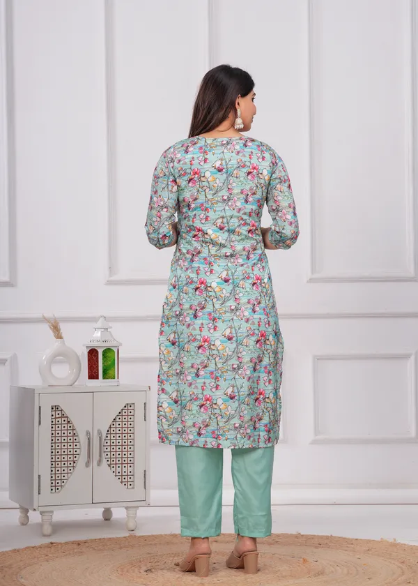 Light_Green_Chinon_V_Neck_3/4Th_Sleeves_Embroidered_Printed_Straight_Kurta,_Pant_Set_With_Dupatta