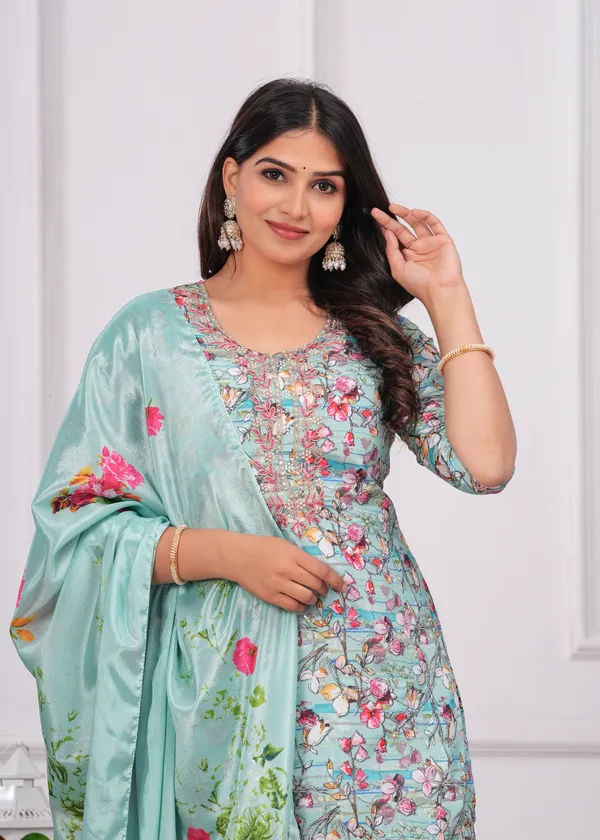 Light_Green_Chinon_V_Neck_3/4Th_Sleeves_Embroidered_Printed_Straight_Kurta,_Pant_Set_With_Dupatta