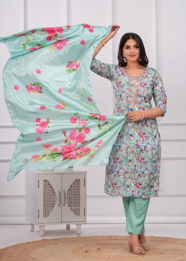 Light_Green_Chinon_V_Neck_3/4Th_Sleeves_Embroidered_Printed_Straight_Kurta,_Pant_Set_With_Dupatta