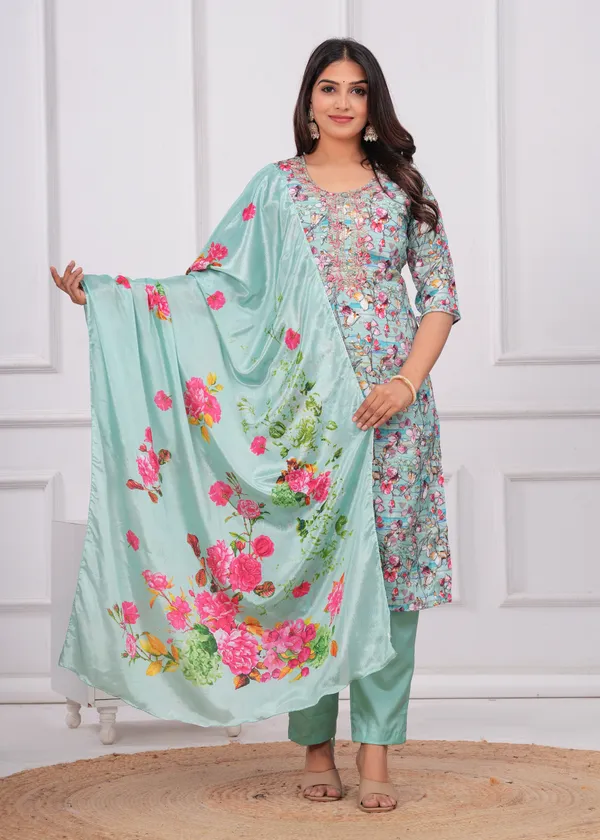 Light_Green_Chinon_V_Neck_3/4Th_Sleeves_Embroidered_Printed_Straight_Kurta,_Pant_Set_With_Dupatta