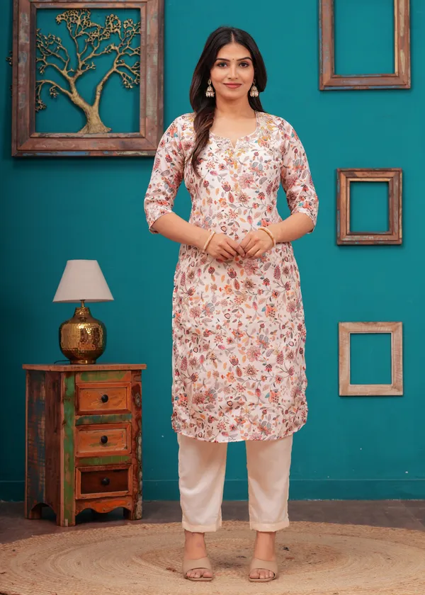 Cream_Chinon_V_Neck_3/4Th_Sleeves_Floral_Embroidered_Straight_Kurta,_Pant_Set_With_Dupatta