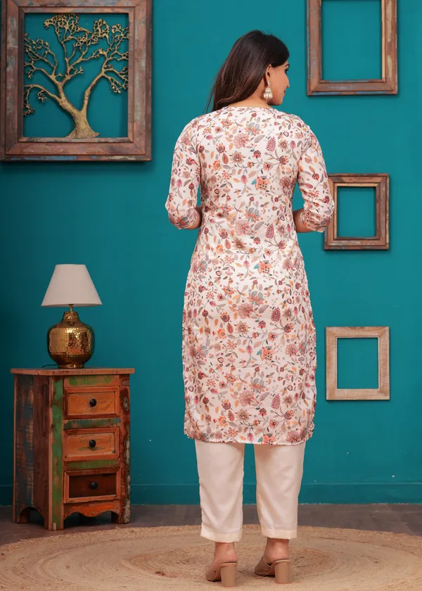 Cream_Chinon_V_Neck_3/4Th_Sleeves_Floral_Embroidered_Straight_Kurta,_Pant_Set_With_Dupatta