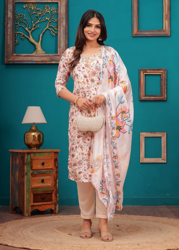 Cream_Chinon_V_Neck_3/4Th_Sleeves_Floral_Embroidered_Straight_Kurta,_Pant_Set_With_Dupatta