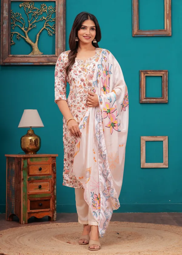 Cream_Chinon_V_Neck_3/4Th_Sleeves_Floral_Embroidered_Straight_Kurta,_Pant_Set_With_Dupatta