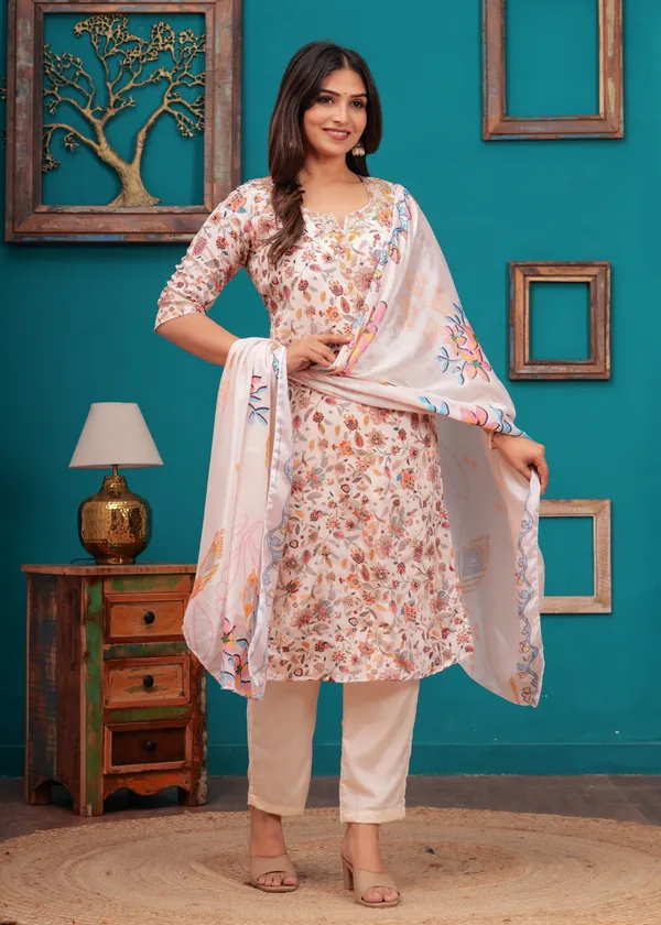 Cream_Chinon_V_Neck_3/4Th_Sleeves_Floral_Embroidered_Straight_Kurta,_Pant_Set_With_Dupatta