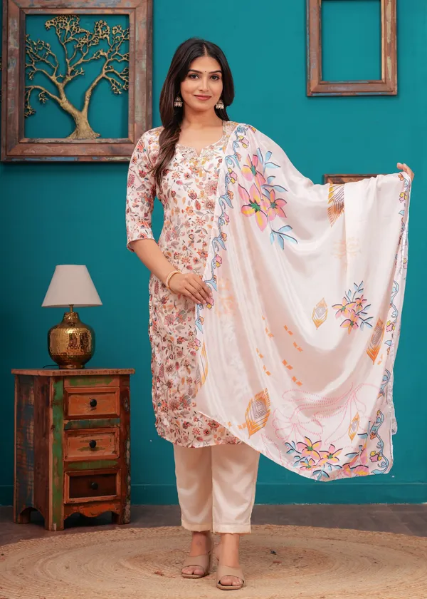 Cream_Chinon_V_Neck_3/4Th_Sleeves_Floral_Embroidered_Straight_Kurta,_Pant_Set_With_Dupatta