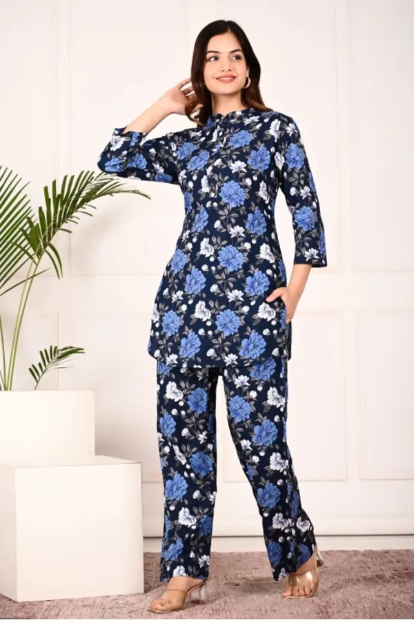 Blue_Rayon_Mandarin_Collar_3/4Th_Sleeves_Floral_Printed_Top_&_Pant_Co-Ord_Set