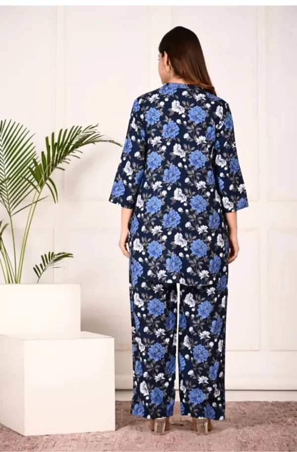Blue_Rayon_Mandarin_Collar_3/4Th_Sleeves_Floral_Printed_Top_&_Pant_Co-Ord_Set