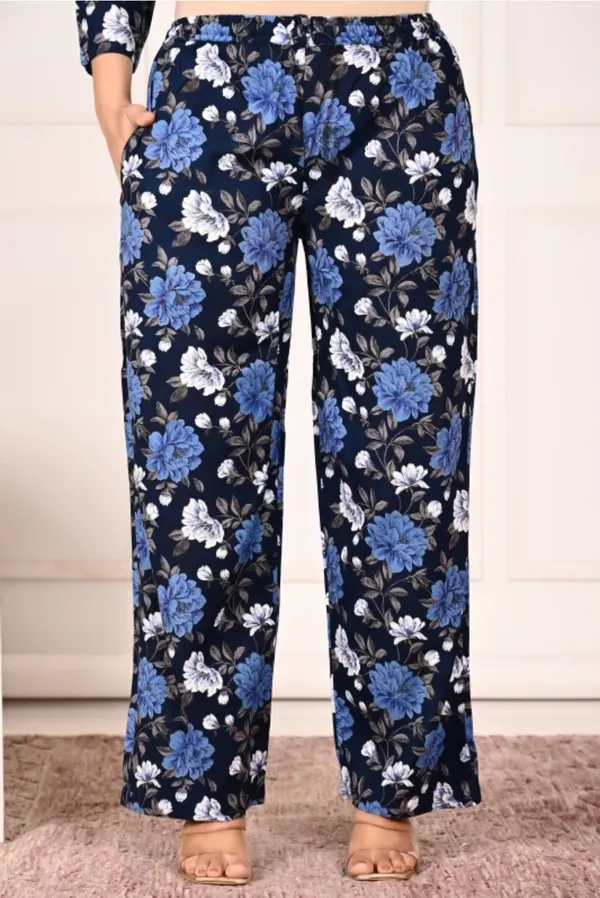 Blue_Rayon_Mandarin_Collar_3/4Th_Sleeves_Floral_Printed_Top_&_Pant_Co-Ord_Set