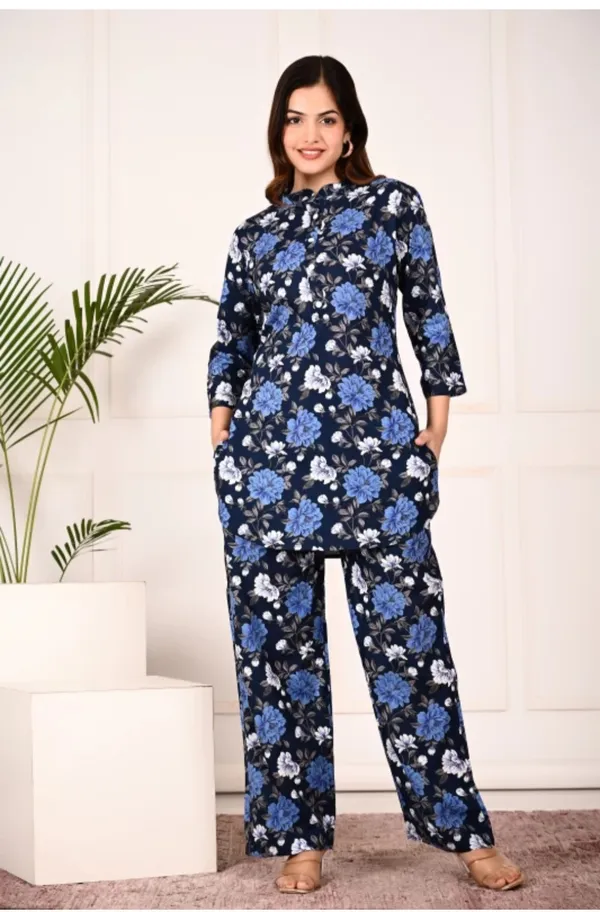 Blue_Rayon_Mandarin_Collar_3/4Th_Sleeves_Floral_Printed_Top_&_Pant_Co-Ord_Set