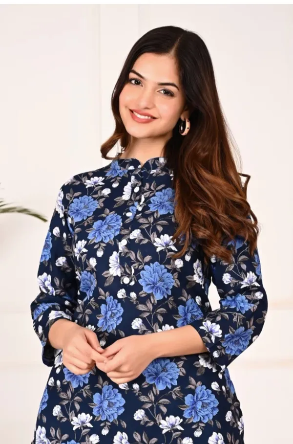 Blue_Rayon_Mandarin_Collar_3/4Th_Sleeves_Floral_Printed_Top_&_Pant_Co-Ord_Set