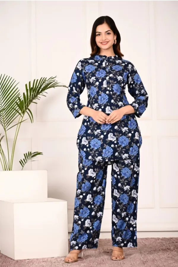 Blue_Rayon_Mandarin_Collar_3/4Th_Sleeves_Floral_Printed_Top_&_Pant_Co-Ord_Set