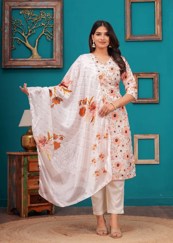 White_Chinon_V_Neck_3/4Th_Sleeves_Floral_Digital_Printed_Straight_Kurta,_Pant_Set_With_Dupatta_new