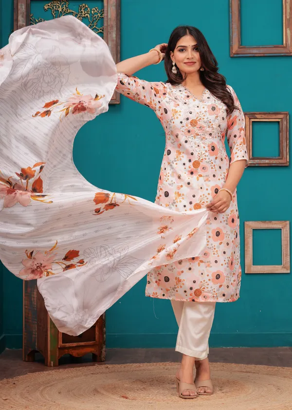 White_Chinon_V_Neck_3/4Th_Sleeves_Floral_Digital_Printed_Straight_Kurta,_Pant_Set_With_Dupatta_new