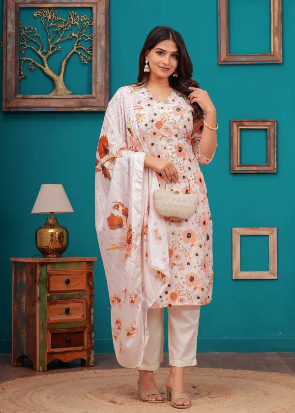 White_Chinon_V_Neck_3/4Th_Sleeves_Floral_Digital_Printed_Straight_Kurta,_Pant_Set_With_Dupatta_new